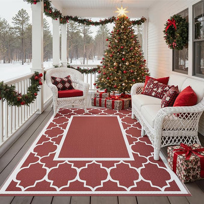 GENIMO 5' x 8' Outdoor Rug Waterproof for Patio Decor, Foldable Reversible Plastic Straw Area Rugs Mat for Camper, Outside Carpet for Rv, Deck, Porch, Picnic, Beach, Balcony, Red & White