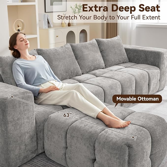 160" Boneless Couch, Oversized Cloud L Shaped Couch, Modular Sectional Sofa with Deep Seat, Modern 6 Seater Sectional Couches for Living Room Bedroom, Tufted Sofa, No Assembly Required, Light Grey