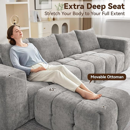 160" Boneless Couch, Oversized Cloud L Shaped Couch, Modular Sectional Sofa with Deep Seat, Modern 6 Seater Sectional Couches for Living Room Bedroom, Tufted Sofa, No Assembly Required, Light Grey