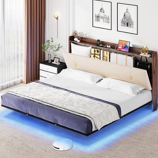 YITAHOME Queen Size Floating Bed Frame with Charging Station, Led Bed Frame with Hidden Storage Headboard, PU Upholstered Platform Bed, Heavy Duty Metal Slats, No Box Spring Needed, Light Grey