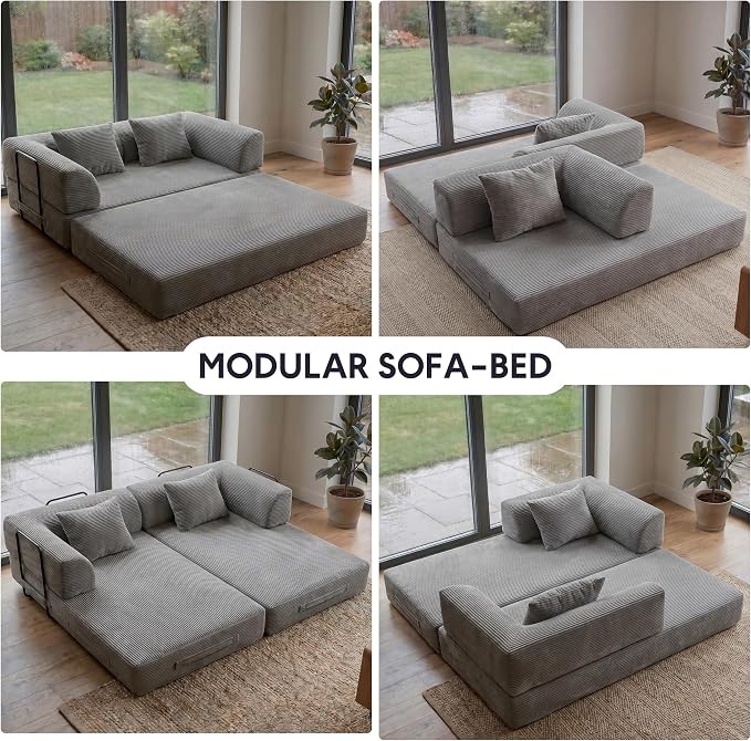 ZEIINPA 59“ Convertible Floor Sofa Bed, 5-in-1 Futon Sofa Bed Modular Sleeper Couch, Corduroy Pull Out Loveseat with Curved Armrest, Boneless Couches for Living Room, No Assembly Required, Light Grey