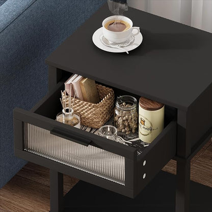 Nightstand Wooden Bedside Table with Drawer Black Night Stands Modern Style Small End Table Side Table with Storage Shelf for Bedroom Living Room MLBZ10B