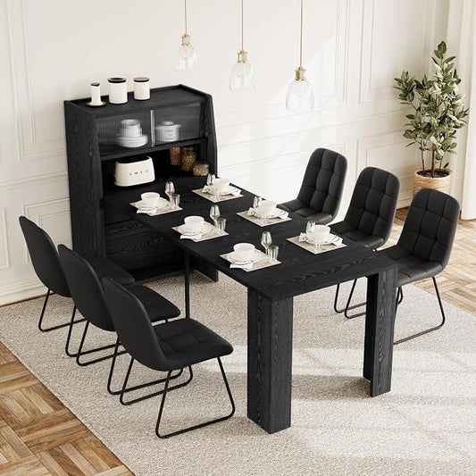 HIPIHOM Dining Table Set for 6, Extendable 86.6" with Storage | Space-saving MDF Kitchen Table with 6 Upholstered U-shaped Black Chairs, Ideal for Apartment, Living Room