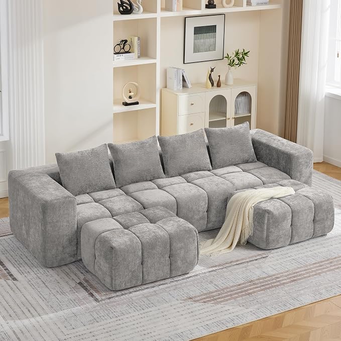 119" Boneless U-Shaped Sofa Couch with 2 Ottoman, 4 Seater Comfy Cloud Sectional Sofa with Deep Seat, Oversized Chenille Memory Foam Sectional Couches for Living Room Bedroom, Light Grey