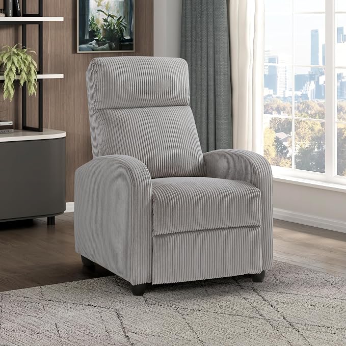 Lexicon Corduroy Pushback Recliner Chair Armchair Push Back Recliner, Solid Wood Frame and Metal Base, Easy Assembly Small Soft Single Sofa Accent Chair for Living Room/Office/Apartment, Light Grey