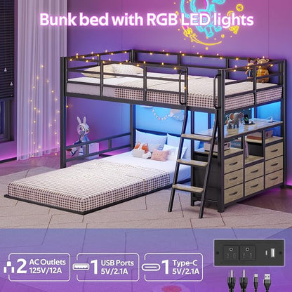 busyaeh Bunk Bed Twin Over Twin, 8 Drawer & 4 Shelve，15" H Safety Guardrail | Low Bunk Bed with LED Light,Metal L-Shaped Twin Bunk Bed with Charging Station,Floor Bunk Bed with Ladder,Bunk Bed,Oak Gray
