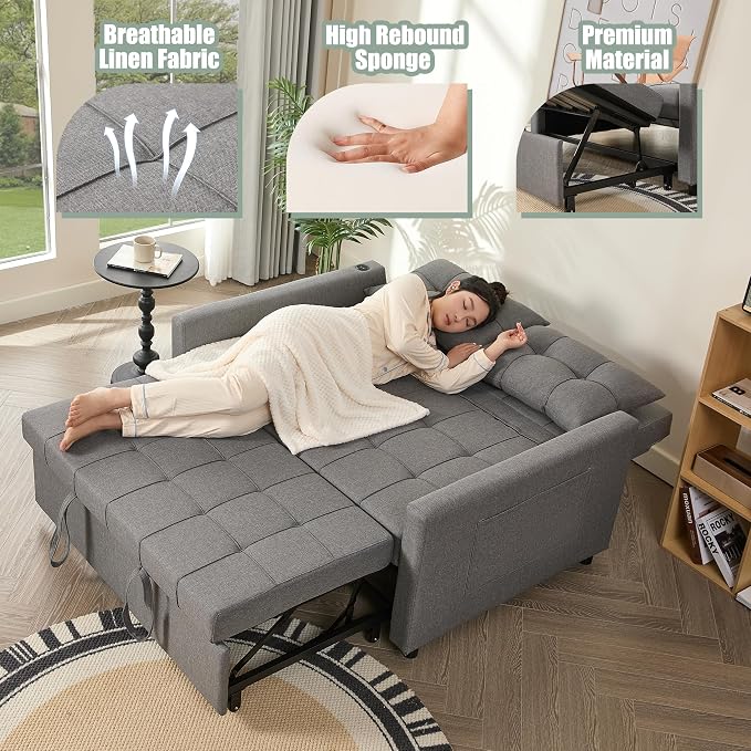 GOSUHI 52" Sleeper Sofa with Pull-Out Bed, 3-in-1 Convertible Sofa Bed, Set of Loveseat with Stepless Adjustable Backrest and Side Pocket, for Living Room Dorm Apartment, Linen, Light Gray