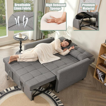 GOSUHI 52" Sleeper Sofa with Pull-Out Bed, 3-in-1 Convertible Sofa Bed, Set of Loveseat with Stepless Adjustable Backrest and Side Pocket, for Living Room Dorm Apartment, Linen, Light Gray