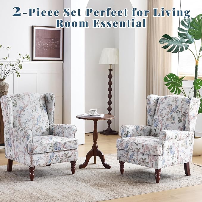 EROMMY Floral Accent Chair, Comfortable High Back Upholstered Armchair with Solid Wood Legs, Leisure Single Sofa Chair for Living Room, Bedroom, Home Office, Light Blue Floral&Bird