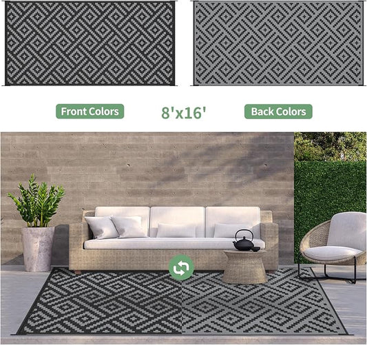 GENIMO Outdoor Rug for Patio Clearance, 8'x16' Waterproof Camping Mat, Reversible Plastic Straw Rugs for RV, Camper, Balcony, Backyard, Picnic, Deck, Black & Gray