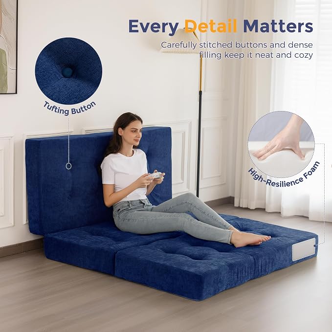 MAXYOYO 6" Folding Sofa Bed for Floor, Tufted Tri-Fold Floor Mattress with Chenille Fabric, Full Size Portable Sofa Couch Guest Mat for Adults, Foldable Topper for Camping, Navy, 53"x75"