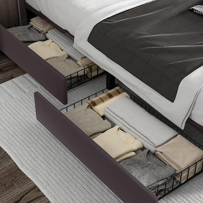 VECELO Full Velvet Upholstered Platform Bed Frame with 4 Rollers Storage Drawers,Full Size Bed with Tufted Height Adjustable Headboard,Wooden Slats/No Box Spring Needed/Easy Assembly