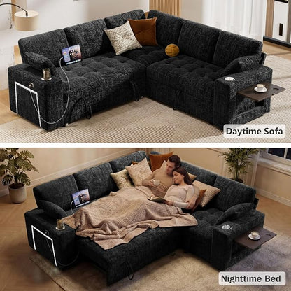 Vipbear 86" Modular Sectional Sleeper Sofa with Pull Out Bed, 5 Seat Chenille L Shaped Couch with USB Ports|Cup Holders|Side Table|Storage Loveseat, Tool Free Assembly, Black
