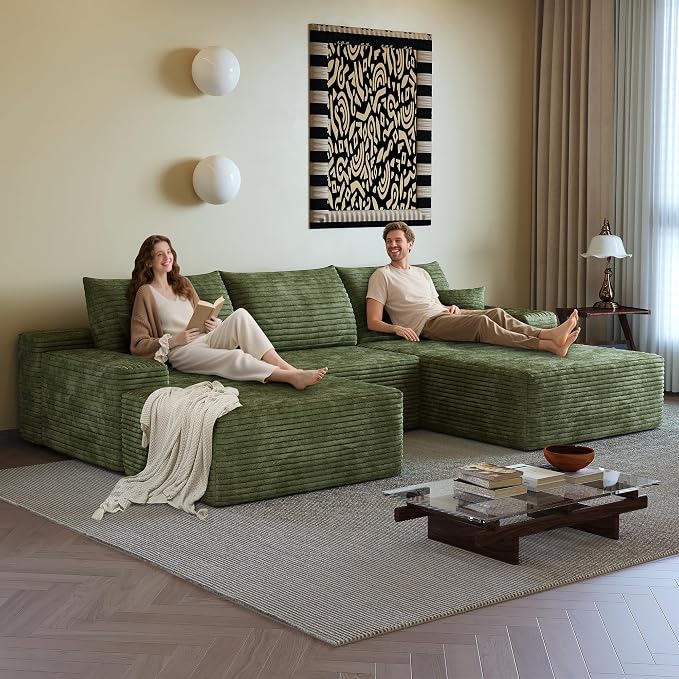 AUGOP 108" Sectional Couches for Living Room Modern Modular Sofa with L-Shape Couchs Upholstered Boneless Couch Deep Seat Sectional Couch with Chaise (Green, Right Facing Chaise+2Seaters+1Ottoman)