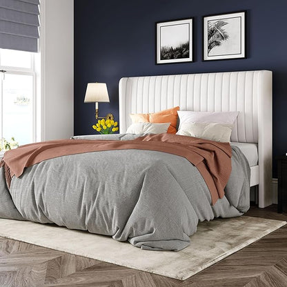 Allewie Full Size Velvet Bed Frame/Vertical Channel Tufted Wingback Headboard/Upholstered Platform Bed/Strong Wooden Slats/No Box Spring Needed/Easy Assembly/White