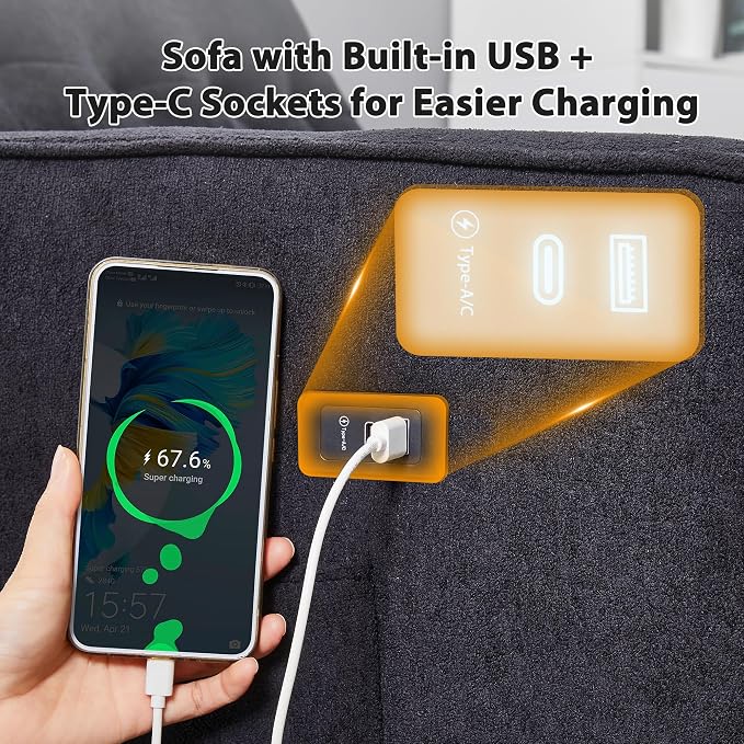 Convertible Sofa Bed, 3 in 1 Pull Out Couch, Loveseat Sleeper with Side Pocket, Sleeper Sofa with Adjustable Backrest | USB Charging Port | Two Pillows | Fabric | Charcoal Black