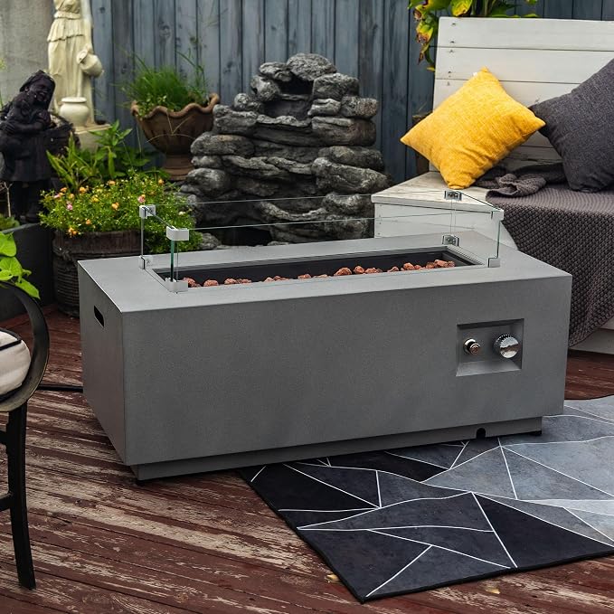 42" Propane Gas Fire Pit Table, 50000 BTU Rectangular Outdoor Fire Pit with Glass Wind Guard, Steel Patio Fire Table with Lid, Lava Rocks & Rain Cover for Backyard Deck Garden, Gray