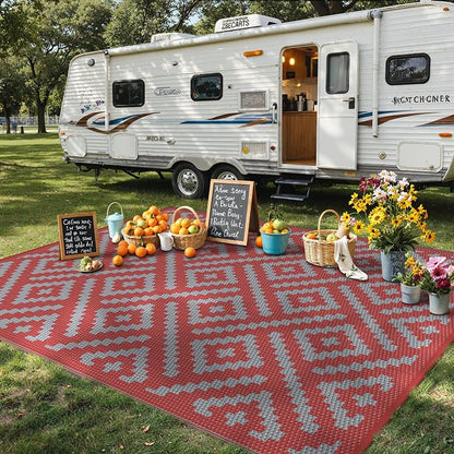 GENIMO Outdoor Rug for Patio Clearance, 9'x12' Reversible Plastic Straw Rugs, Lightweight Waterproof RV Camping Mat for Camper, Balcony, Deck, Backyard, Picnic, Red Grey