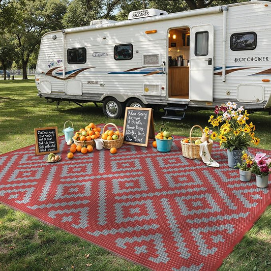 GENIMO Outdoor Rug for Patio Clearance, 9'x12' Reversible Plastic Straw Rugs, Lightweight Waterproof RV Camping Mat for Camper, Balcony, Deck, Backyard, Picnic, Red Grey