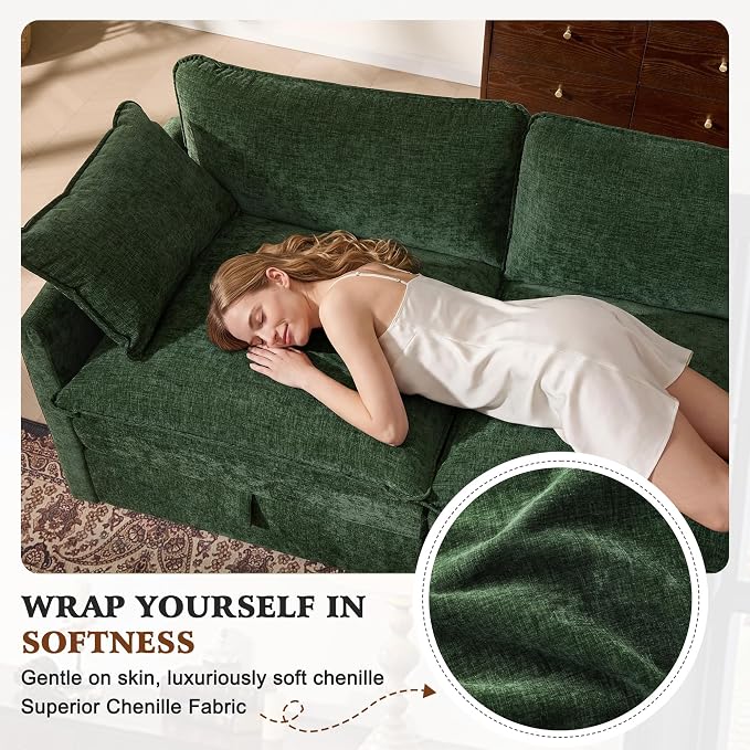 Ihanherry 103" Modular Sectional Sofa with Storage, L Shaped Cloud Couch with Movable Ottomans & 4 Pillows, Chenille Deep Seat Sectional Couches for Living Room, Apartment (Green)