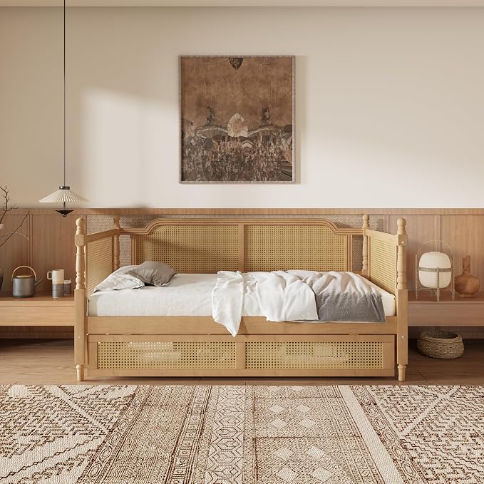 Merax Full Bedframe with 2 Storage Drawers & Footboard, Vintage Wooden Daybed Platform Bed with Natural Rattan Headboard, Noise-Free, No Box Spring Needed, Antique Walnut