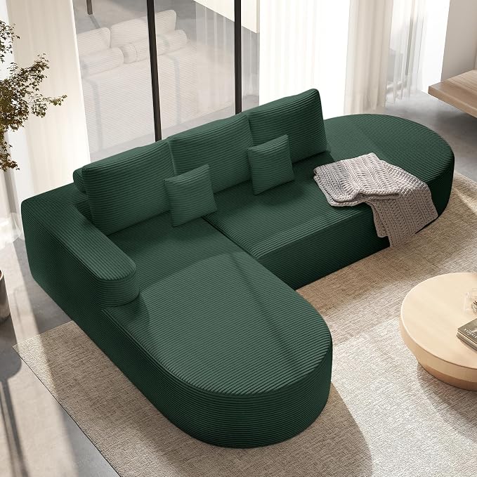 112" Modular Curved Sofa, Oversized Couches for Living Room, Modern Cloud Couch with Deep Seat, Corduroy Foam Couch, No Assembly Required, Dark Green, 1PCS