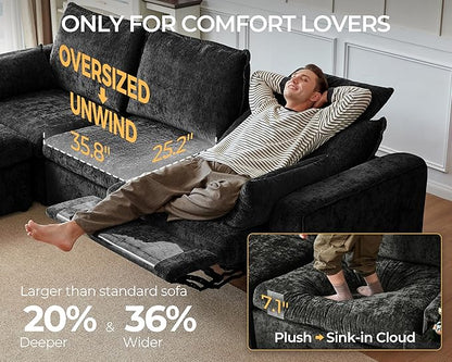102.8'' Loveseat Power Recliner Sofa with Headrest, Oversized Cloud Modular Sectional Couch with Table, Drawer, Charging, 3-Seater with Storage Ottoman for RV Home Theater, Chenille, Black