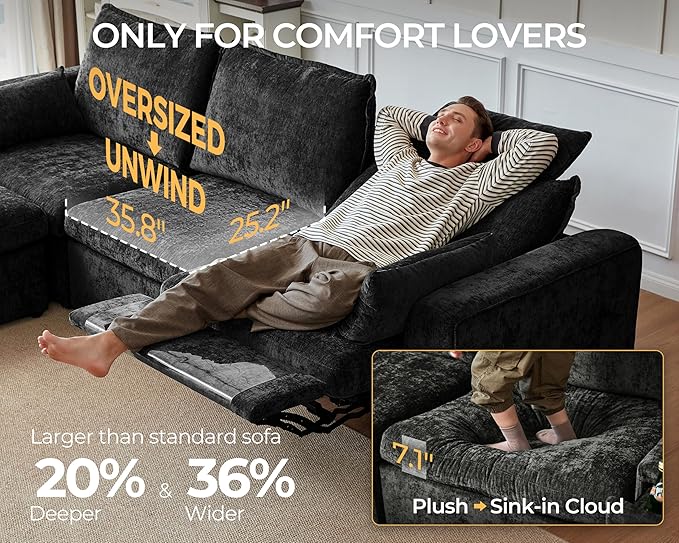 Oversized Modular Sectional Sofa with Power Recliner, Plush Cloud Couch with Headrest, Convertible Deep L-Shaped 6 Seater with Corner and Storage Ottoman, Chenille, Black