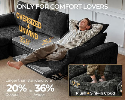 102.8'' Loveseat Power Recliner Sofa with Headrest, Oversized Cloud Modular Sectional Reclining Couch with Table, Storage Drawer, Charging, 2-Seater for RV Home Theater, Chenille, Black