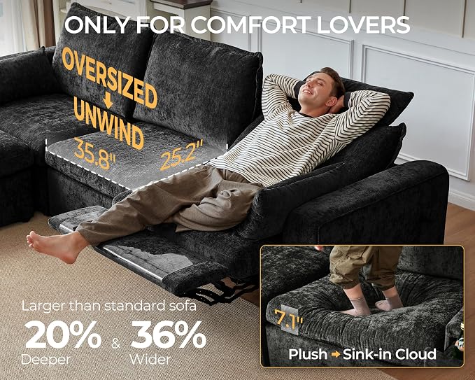 Oversized Modular Power Recliner Sofa Wall Hugger, Cloud Reclining Couch with Headrest, Storage Ottoman, Drawer Charging Cup Holder, Deep L-Shaped 6 Seater with Dual Electric Recliner, Chenille, Black