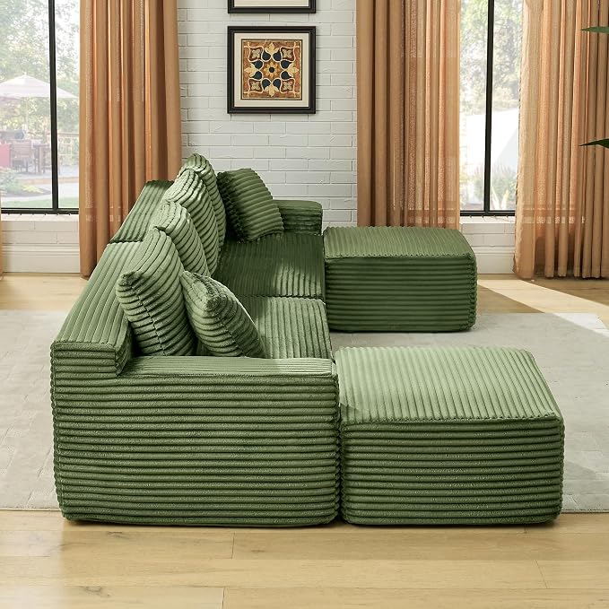 115" U-Shaped Cloud Sectional Couch, Front Facing Modular Compressed Boneless Sectional Sofa with Chaise Lounges and Console, Plush Corduroy Boneless Symmetrical Sofa