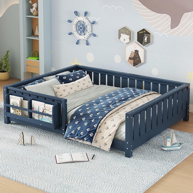 Bellemave Full Size Floor Bed with Slats and Guardrails, Full Size Montessori Floor Bed with Bookcase and Fence, Low Profile Montessori Beds for Kids, Blue Floor Beds Frame