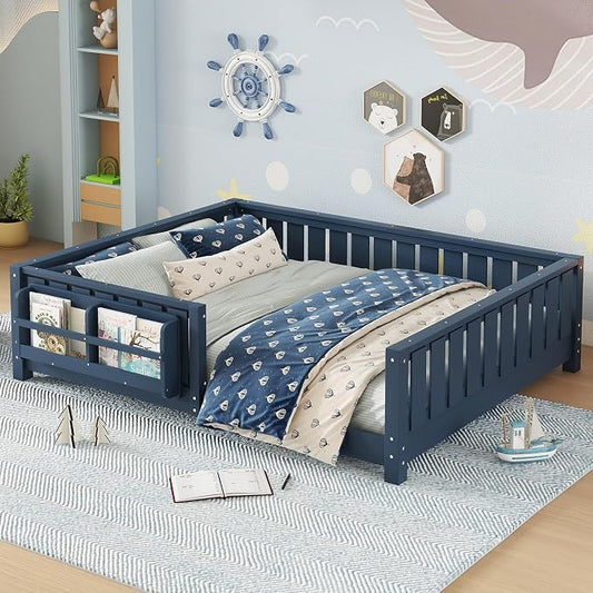 Bellemave Full Size Floor Bed with Slats and Guardrails, Full Size Montessori Floor Bed with Bookcase and Fence, Low Profile Montessori Beds for Kids, Blue Floor Beds Frame