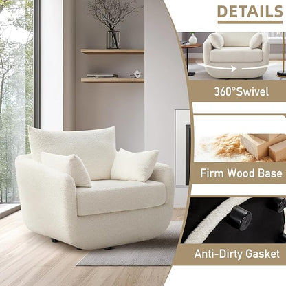 360° Swivel Accent Armchair, 39.3" Oversized, Sherpa Boucle Fabric Sofa Chair with Removable Back & Arm Pillows, Swivel Chair with Cozy Soft Padded (1, Cream White)