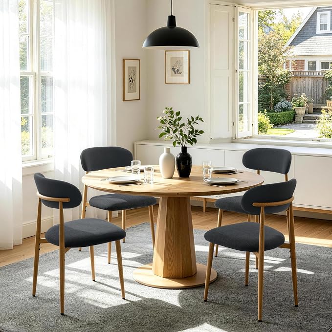 FREKEN Modern Upholstered Dining Chairs Set of 4, Mid-Century Metal Frame with Wood Grain, Linen Fabric Side Chair for Kitchen Dining Room, 350lbs Capacity, Black