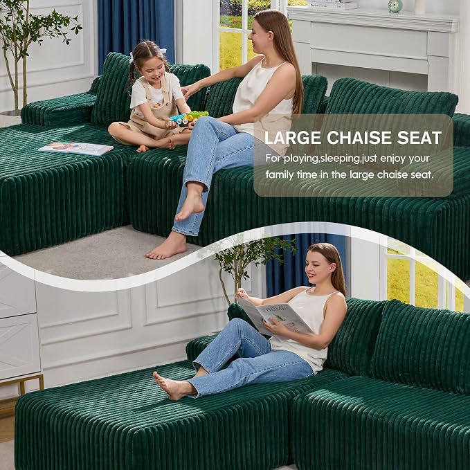 Hobestluk Boneless Couch Modular Sectional Sofa L-Shape Oversized Chaise | 108" Left Facing Chaise Green,Memory Foam,Removable Cover,Non-slip Bottom,No Assemble Required,Living Room Furniture