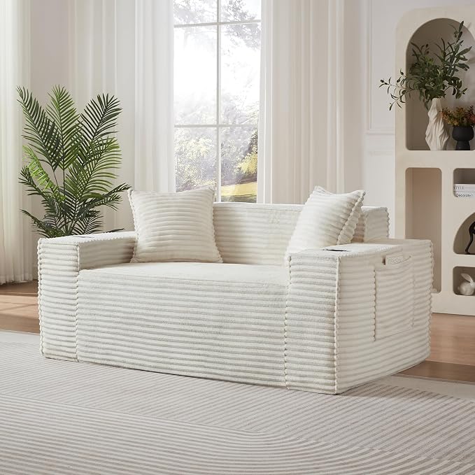 Boneless Sectional Sofa Couch with Cup Holders & Side Pockets, Modern Corduroy Fabric Deep Seat Loveseat Cloud Couch for Living Room Office, No Assembly (White)