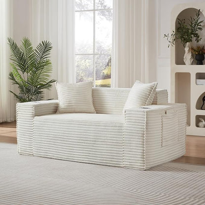 Boneless Sectional Sofa Couch with Cup Holders & Side Pockets, Modern Corduroy Fabric Deep Seat Loveseat Cloud Couch for Living Room Office, No Assembly (White)