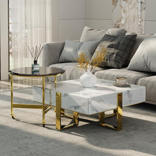 White Faux Marble Coffee Table Set with End Table, Luxurious Gold Coffee Tables 2 in 1, Nesting Coffee Table Set for Living Room Apartment