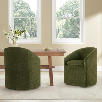 KISLOT Upholstered Dining Chairs with Casters, Washable Cover Modern Dining Room Chairs with Barrel Backrest & Armrest, Vanity Chair with Wheels for Kitchen, Living Room, Bedroom, Green Fabric, 1PCS