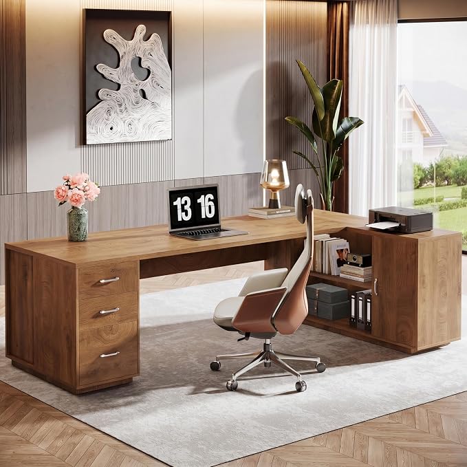 Tribesigns 85.8-Inch L-Shaped Executive Office Desk with File Drawers & Storage Cabinet, Professional Corner Computer Desk Extra Large Business Workstation with Adjustable Shelves, Light Brown