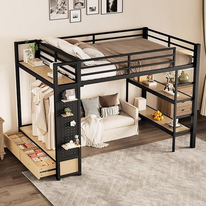 Bellemave Full Size loft Bed with Wardrobe and Storage Shelves and Pegboard Drawers, Metal Full Loft Bed Frame for Adults, Kids, Teens, Black
