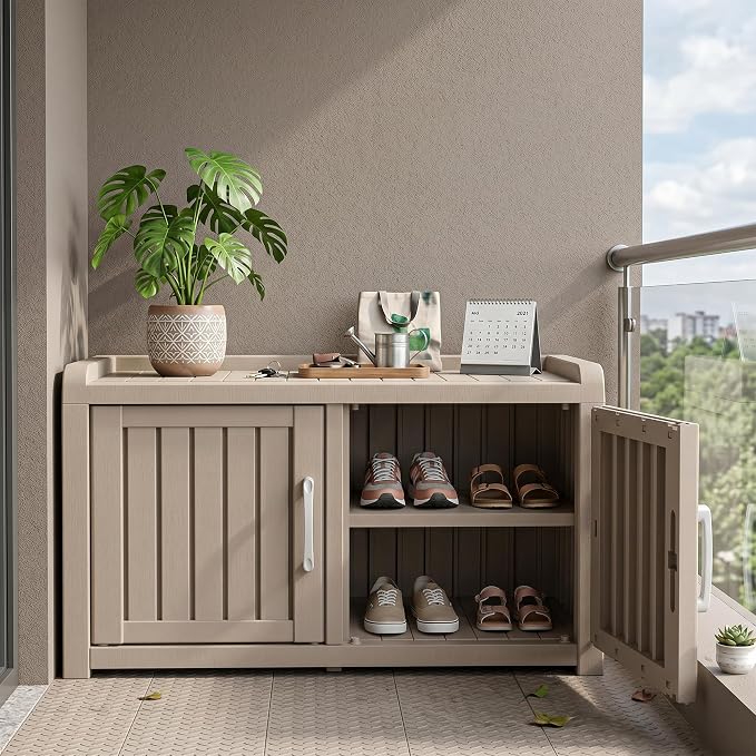 ROJIK Shoe Cabinet Waterproof UV-Resistant,Storage Bench Indoor Outdoor with Adjustable Shelves,for Entryway Bedroom,Hallway,Living Room(Double Door,Grey)