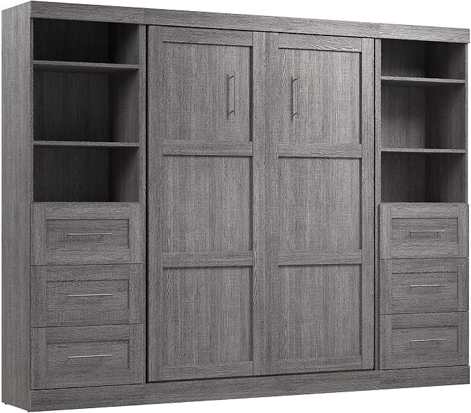 Bestar Pur Full Murphy Bed and 2 Shelving Units with Drawers, 109-inch Space-Saving Wall Bed