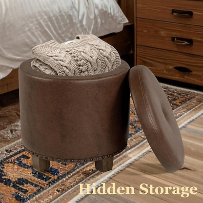 HomePop 18.5" Round Storage Ottoman with Nailheads - Brown Faux Leather
