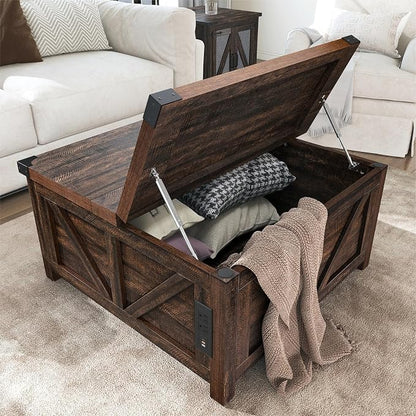 jimeimen Farmhouse Lift Top Coffee Table with Storage, Wood Square Center Table with Charging Station&USB Port, Living Room Table w/Large Hidden Space, for Living Room, Bedroom, Home Office, Brown