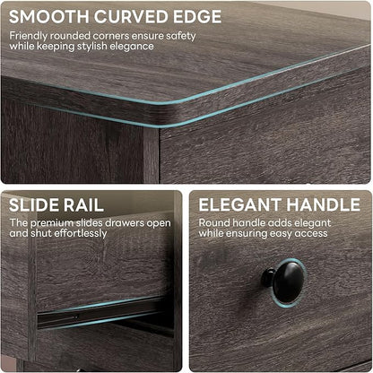 LIKIMIO Nightstand with Charging Station, Narrow Bedside Table with 3 Drawers, End Table with USB Ports and Outlets, Side Table for Living Room/Bedroom Modern, Charcoal Grey
