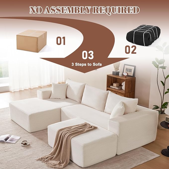 Mangodan 110” Cloud Sectional Couch, Modular Sectional Sofa with Deep Seat, Boneless Sofa for Living Room, Fluffy Comfy U-Shaped Couch with Left Facing Chaise, No Assembly Required, Beige