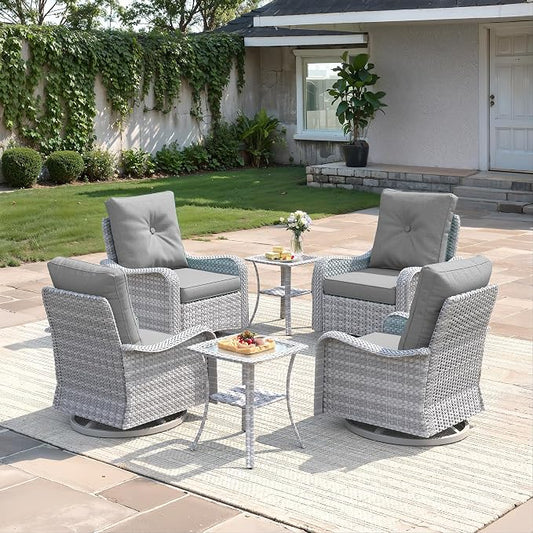 6-Piece Patio Furniture Set, Outdoor Swivel Rocking Chairs with 4" Thick Cushions & Side Table, All-Weather PE Rattan & Rust-Resistant Steel Frame Conversation Set for Porch, Garden, Backyard, Grey