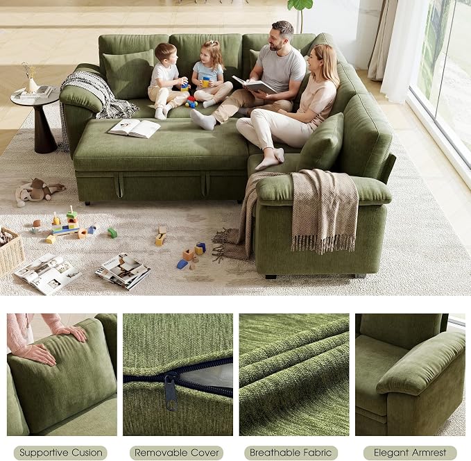 Sectional Sleeper Sofa with Pull Out Bed, 86" L Shaped 5 Seat Couch with 151L Storage, Convertible Cloud Couch Bed, Modular Sectional Couches for Living Room, Apartment (Green)